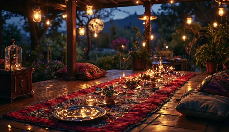 (best quality, 128k,highres,masterpiece:1.2),ultra-detailed,(realistic,photorealistic,photo-realistic:1.37), ((masterpiece)) ((photography)) ((Highest quality)) A magical Oriental feast under the stars. Guests are surrounded by richly colored Persian rugs,...