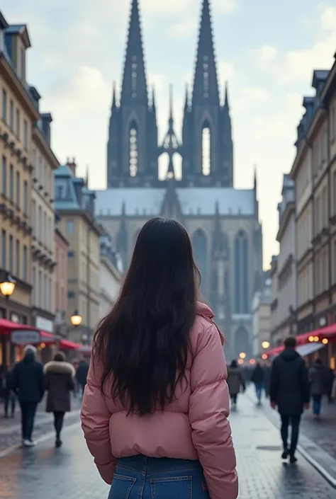 cologne cathedral, street, people, standing a long black hair girl from back side, good shapes, with denim and winter pastel pink jacket without fur, 
