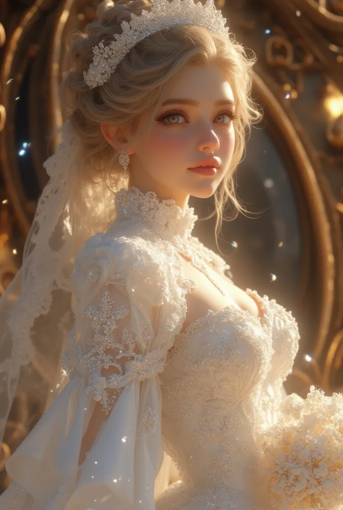  top quality , top quality, 16k,  unbelievably absurd,  Highly detailed , 2.5D,  delicate and dynamic ,   Kiri Reina female ,   charming smile ,   pure white wedding dress   ,   Good Style  , bouquet,  British style steampunk,  Diesel punk  ,  clock punk  ...