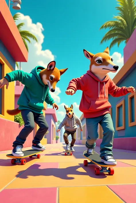 Several animal-headed skateboarders, sweatshirts and loose pants maneuvering in a cartoon-style plaza