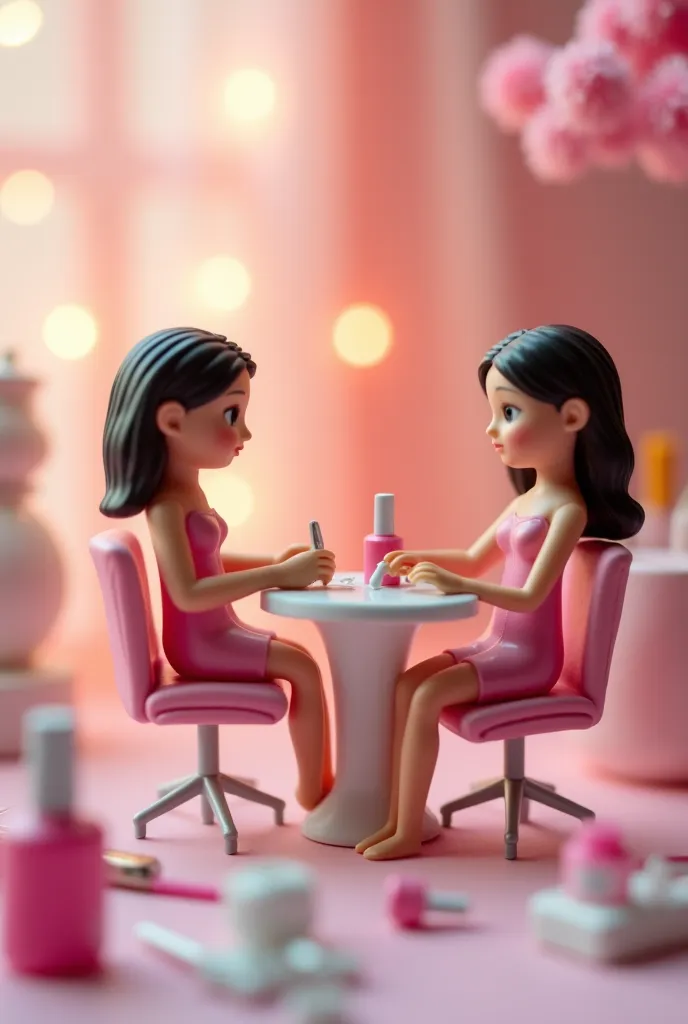 A tiny female figure sitting comfortably in a pink-themed salon chair while getting a manicure, with another female figure working on her nails. At the same time, another female figure is getting a pedicure, with pink polish being applied to her toes. The ...