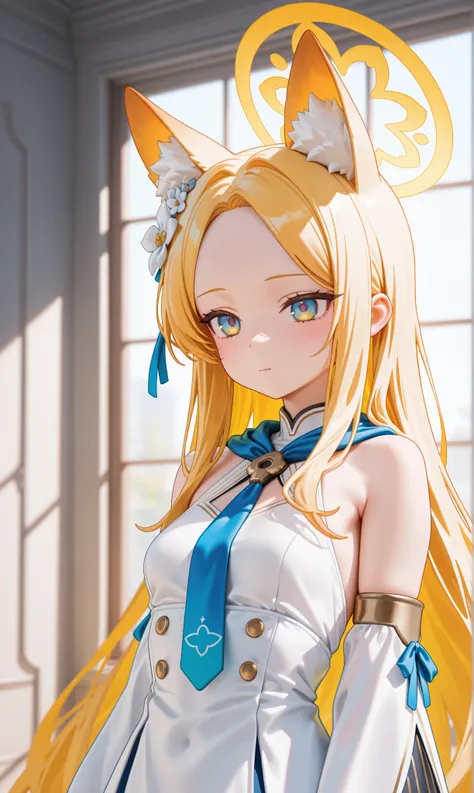 1 girl, ( blue file :1.1), 
until, 
animal ears, Alone , blond hair, halo, long hair, looking at the spectator, fox ears, animal ear fluff, dress, tie, white dress, forehead, mouth shut, hair ornament, yellow halo , upper body, hair flower, Yellow eyes, bl...