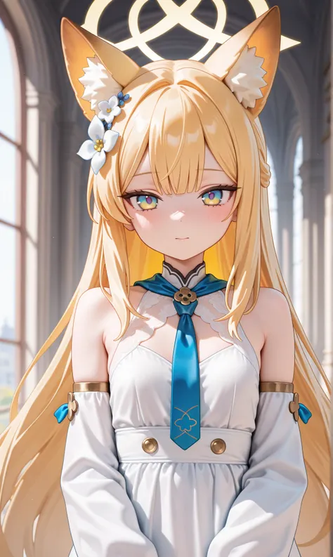 1 girl, ( blue file :1.1), 
until, 
animal ears, Alone , blond hair, halo, long hair, looking at the spectator, fox ears, animal ear fluff, dress, tie, white dress, forehead, mouth shut, hair ornament, yellow halo , upper body, hair flower, Yellow eyes, bl...