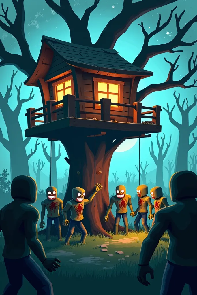 Several zombies surrounding a Tree house in Roblox