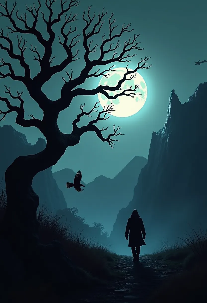 Create a horror movie tree, in a silhuette, put a few black montains in the background, with a person walk in this direcion, there is a full moon in the back, there is crow flying, the tree and the man looks like a shadow.The sky is a black night