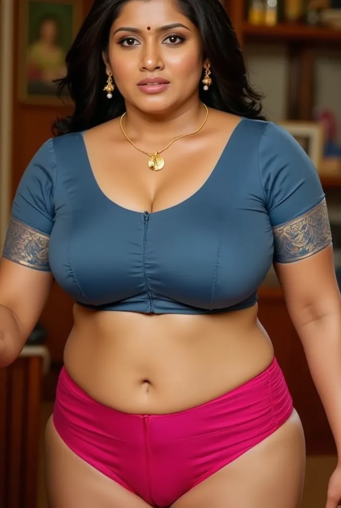  indian chubby woman is wearing a full pink thong, Satin blue  blouse ,big Deep cleavage,big sexy chest,big , big bright eyes, charming, sexy, perfect anatomy,detailed background, 8k,big chest, front 