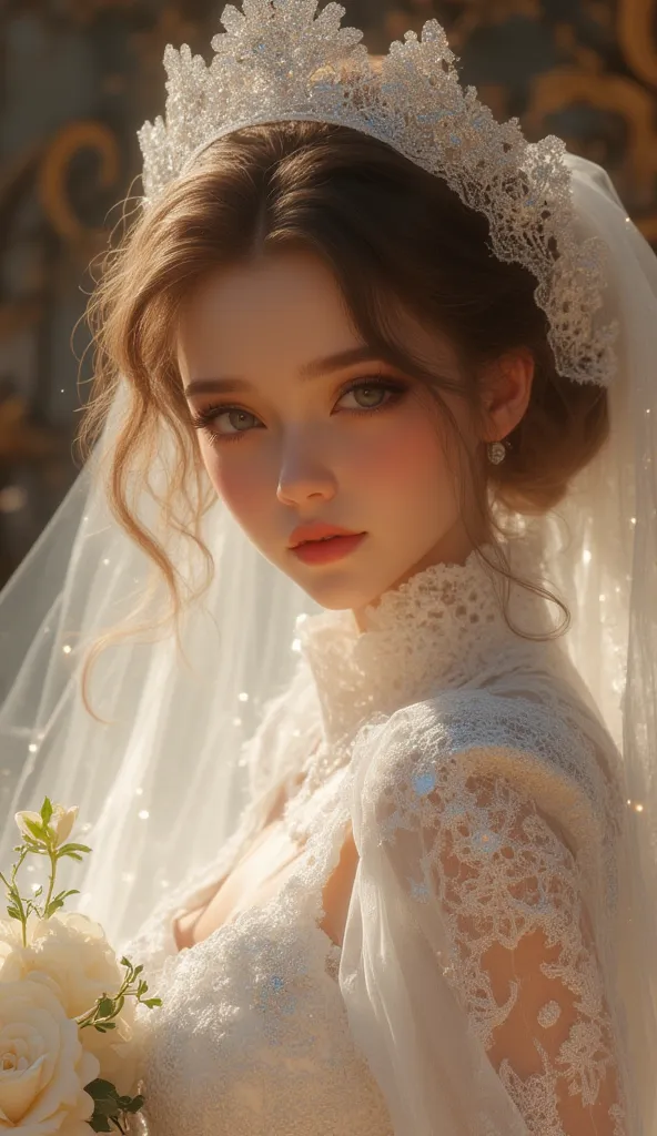  top quality , top quality, 16k,  unbelievably absurd,  Highly detailed , 2.5D,  delicate and dynamic ,   Kiri Reina female ,   charming smile ,   pure white wedding dress   ,   Good Style  , bouquet,  British style steampunk,  Diesel punk  ,  clock punk  ...