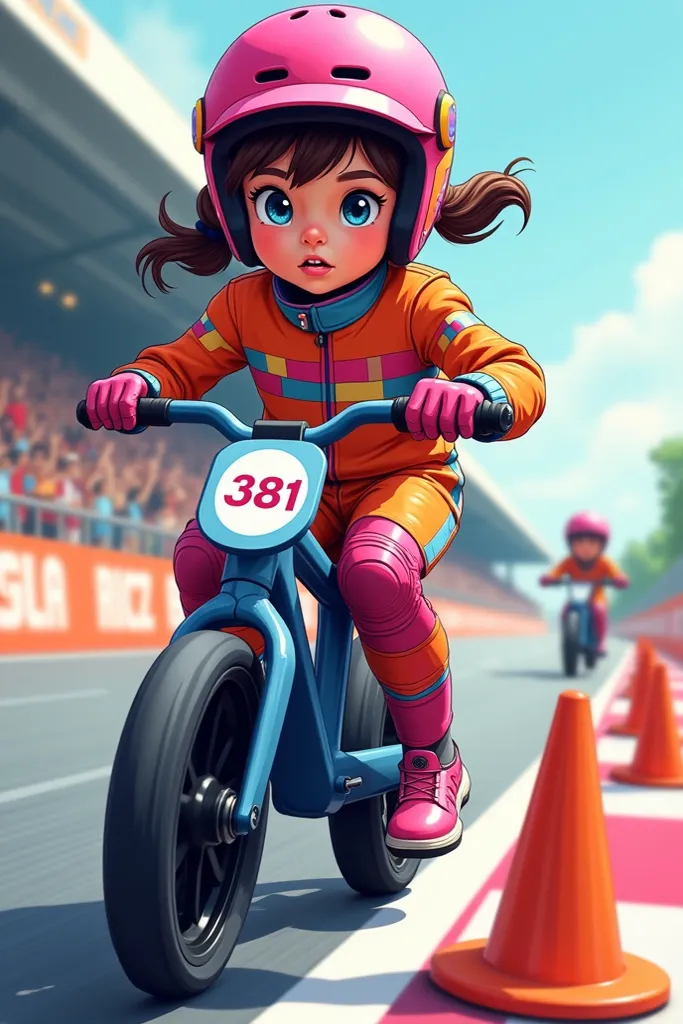 A highly detailed vector illustration of a young girl racing on a balance bike, wearing a pink helmet and a vibrant orange and blue racing suit. The number '381' is displayed on the front plate of the bike. She has a determined expression, gripping the han...