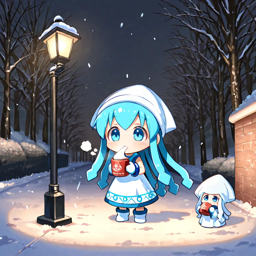  chibi, Alone, ikasumume, white dress, blue hair, blue eyes, blue bracelet, Squid hat, tentacle hair, blue trim on clothes
 BREAK
(A Lone Figure Under a Streetlamp), winter, snow, street lamp, silver, warmth,  gloves, muffler, Silence,  Hot Cocoa,  christm...