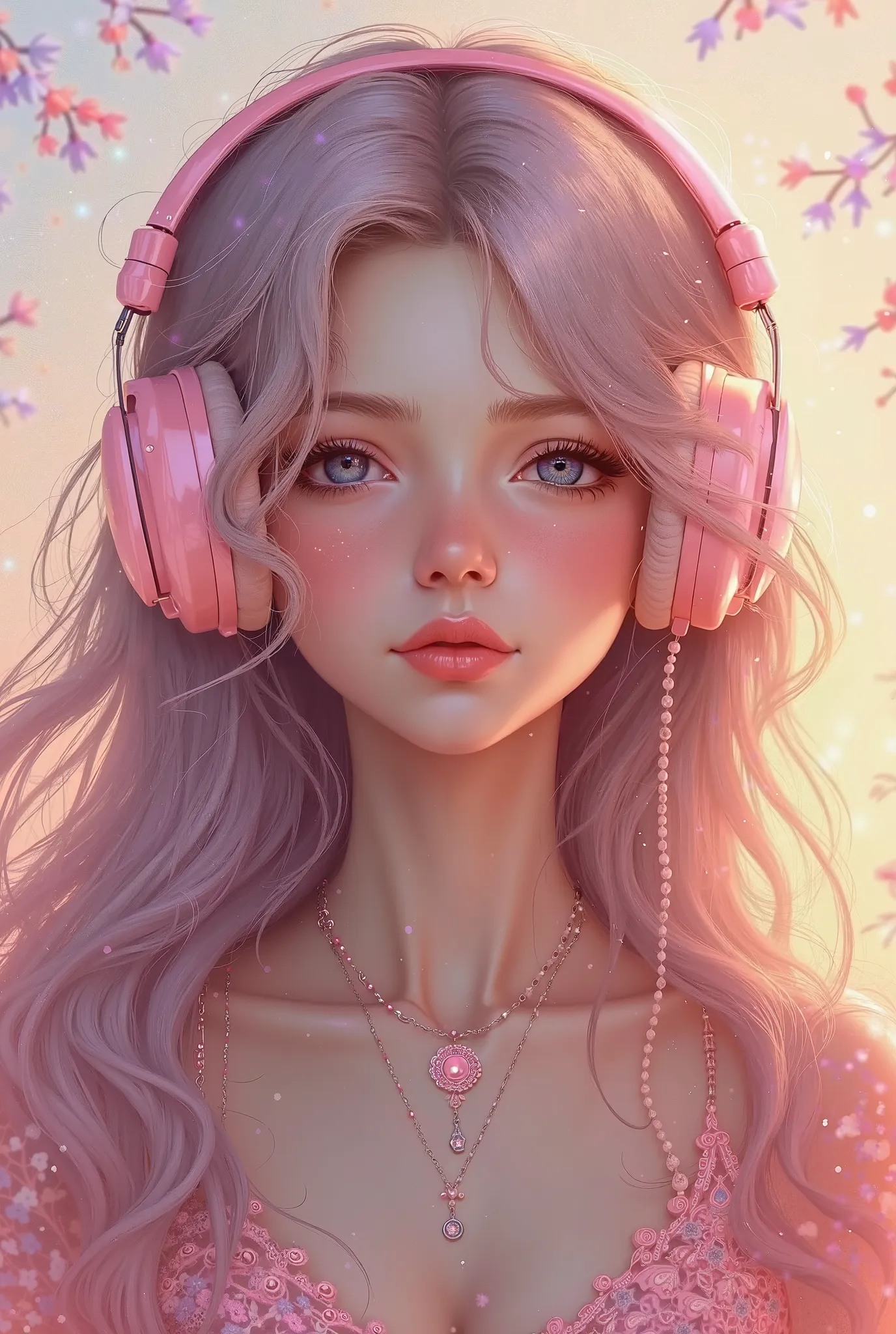 art drawing picture of a girl with long hair, pink headphones and necklace with pendant.