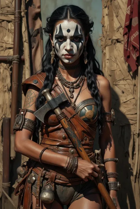 Native American woman wearing terrifying black and white war paints covering her face. American Indian Jewelry.  incredibly detailed .  small chest. (( braided hair)). mats. tanned skin. Tomahawk. Native American tribal armor. 