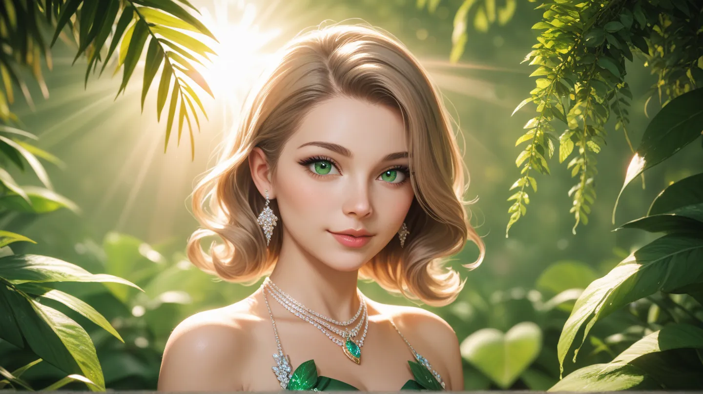 a girl with long light-brown hair, green eyes, twitch banner, high quality, 4k, realistic, detailed portrait, natural lighting, warm colors, vibrant, intricate details, elegant, serene expression, looking at camera, outdoor scenic background, lush greenery...