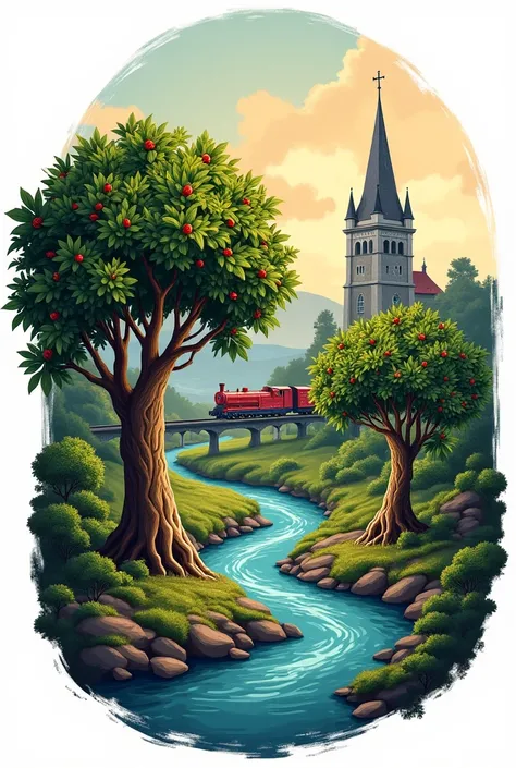 A logo with coffee trees and a river and a very old church and a train 