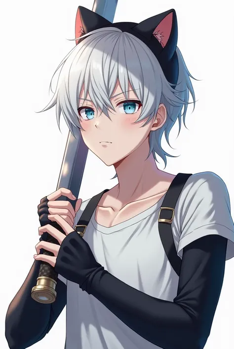 Create an anime man with white hair,a black cat hat,a white shirt with black around the arms, Let your hands be seen holding a sword,a serious expression covering his face,with blue eyes and a white background