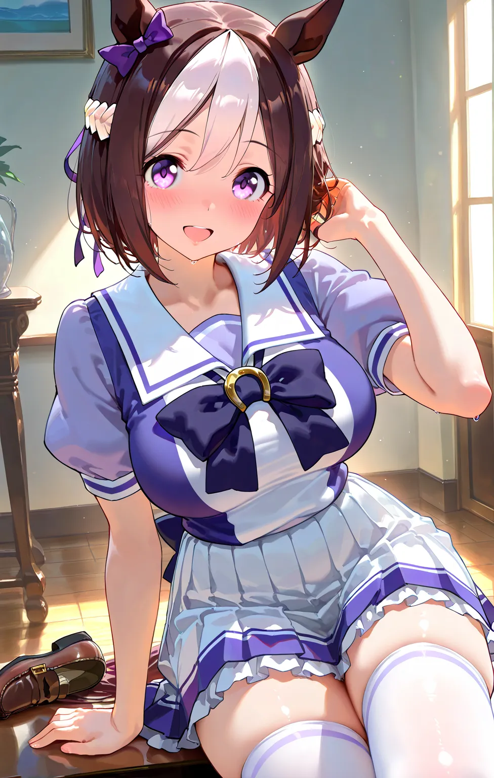 1girl,
,special week \(umamusume\),nsfw, indoors, blush,large breasts,((masterpiece)), (best quality), 4k,(absurdres), (ultra detailed), (very aesthetic)```
,smooth skin,tracen school uniform, summer uniform, serafuku, puffy short sleeves, purple bowtie, h...