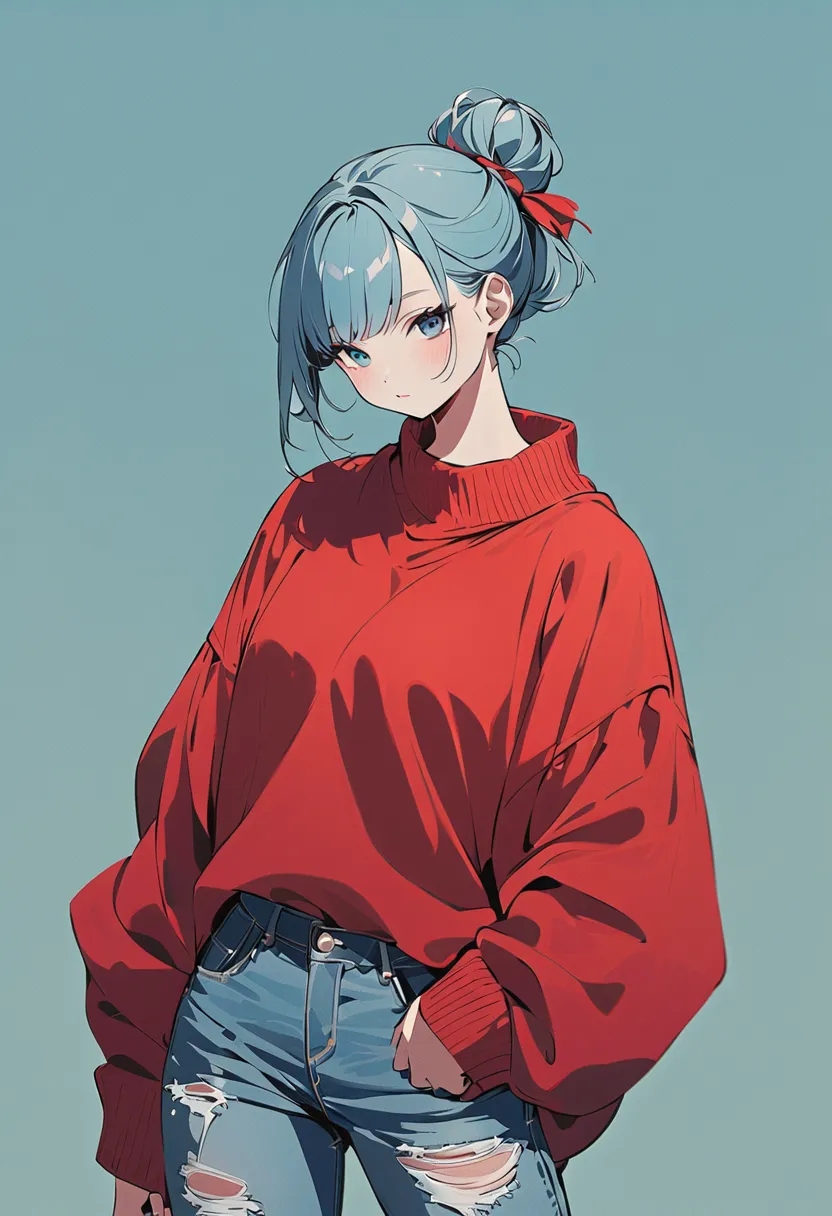 The image is an illustration of a  dressed in a red oversized sweater and light blue ripped jeans. The  is wearing red and blue sneakers and has their hair tied up in a bun. The background is a solid, muted blue color.