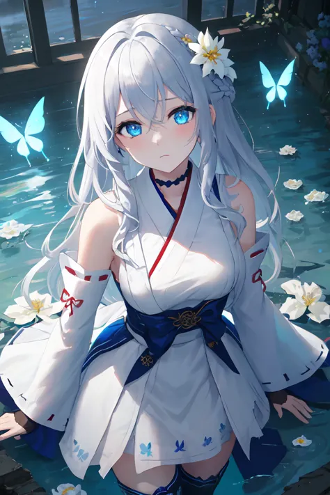 (Overhead view),dynamic angle,ultra-detailed, illustration, close-up, straight on, 1girl, (fantasy:1.4), (azure blue eyes:1.233),Her eyes shone like dreamy stars,(glowing eyes:1.233),(beautiful and detailed eyes:1.1),(Silver hair:1.14),(messy hair,very lon...