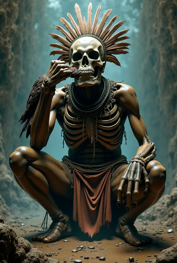 Mictlantecuhtli God of Death, the face of a skull with a plume, The exposed ribs, squatting with an owl on the knee and with one hand eating a human, of clothing a loincloth 