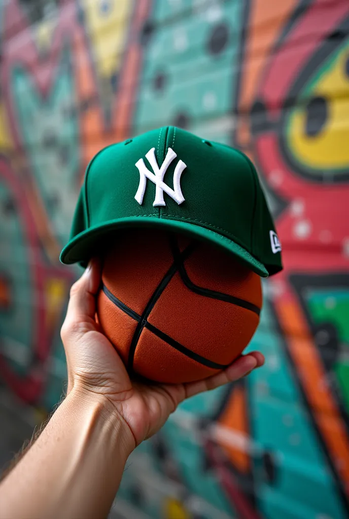 Showcase of New York Yankees 59fifty dark green hats complete with basketball, street style, Graffiti, Hand holding the hat .