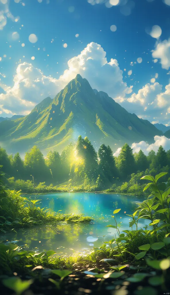 /imagine prompt: A panoramic view of towering mountains surrounded by a sea of trees and sparkling lakes. The wind blows softly, moving leaves and creating waves on the surface of the water. The blue sky is punctuated by fluffy clouds and the sun casts dra...