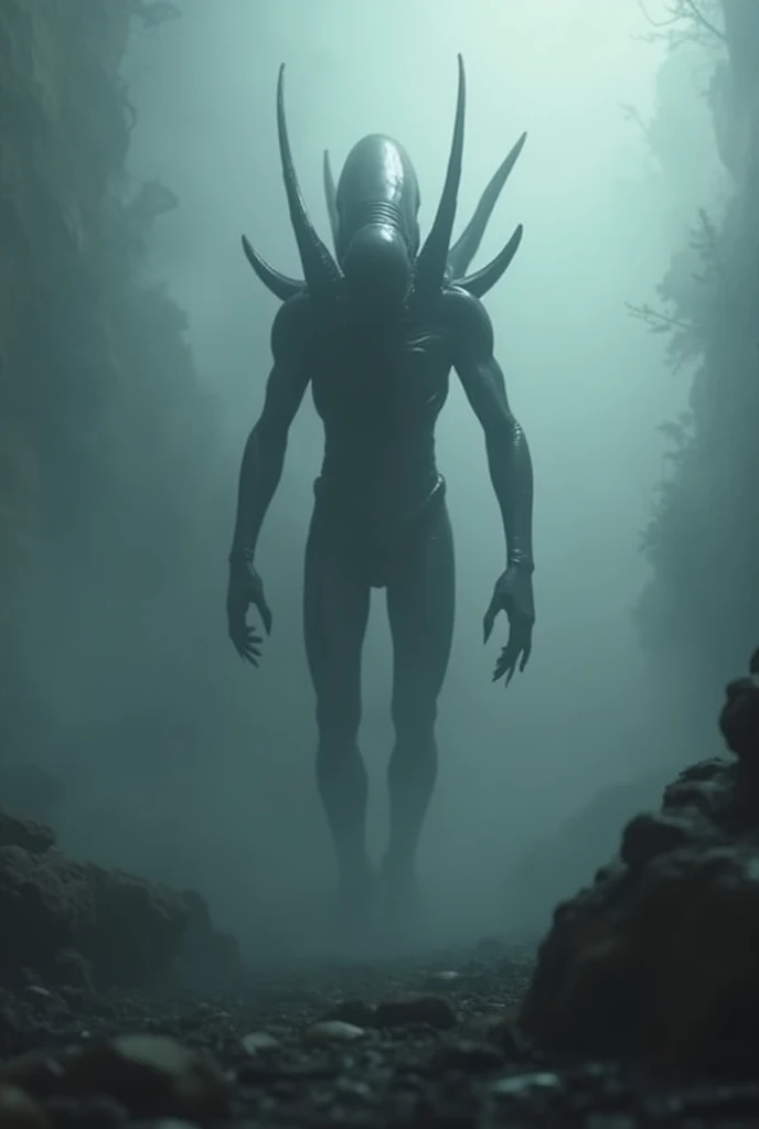 Hi, I need a picture where the xenomorph from the movie Alien in the Mist leaves with his head down 