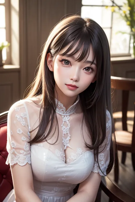 highest quality。focus on face。ribbons and soft, colorful effects {x} Taken in a room with light shining in、Portrait of a beautiful young female model。My hair is long silver gray、has gentle waves、The bangs flow naturally。big eyes and long lashes。Clear makeu...