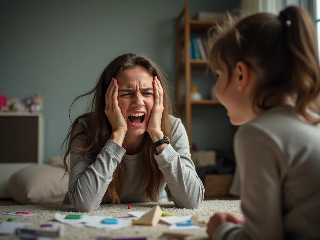 A woman yelling at her ren, her face filled with frustration and exhaustion. The image should emphasize the raw, emotional moment when parents lose control, capturing the tension and regret that often follow such outbursts. The scene should highlight the c...