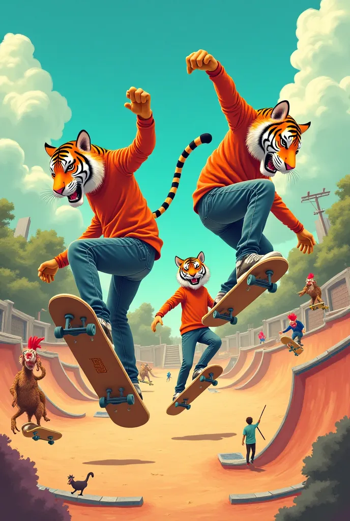 Several skateboarders in loose pants and sweatshirts with tiger heads, dust, Chicken and monkey performing skate tricks on a skate park,  cartoon style