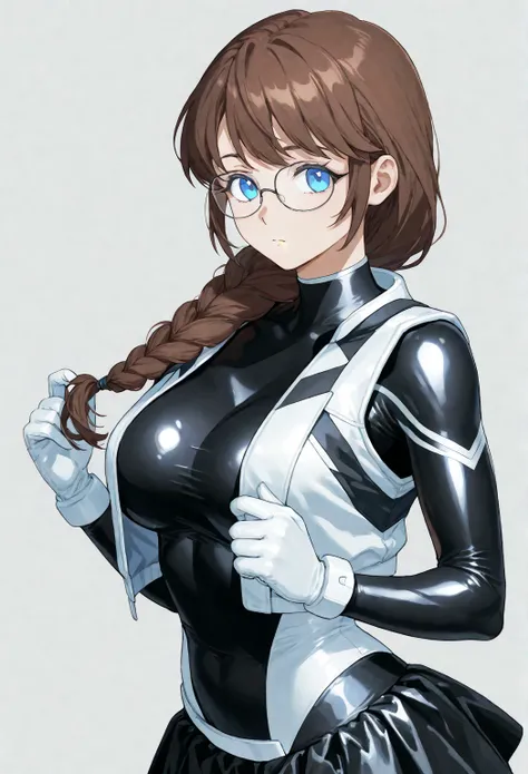 Anime cute young Woman with brown hair in a short braided ponytail over shoulder, with blue eyes, with glasses, in a very tight superhero suit with a black and white color scheme with stripe pattern, with short opened vest jacket, with skirt, with full glo...