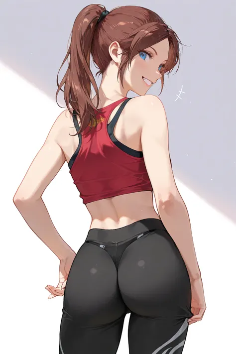 claire Redfield,smiling,midriff tanktop,pulling down her yoga pants,showing a black string thong,from behind