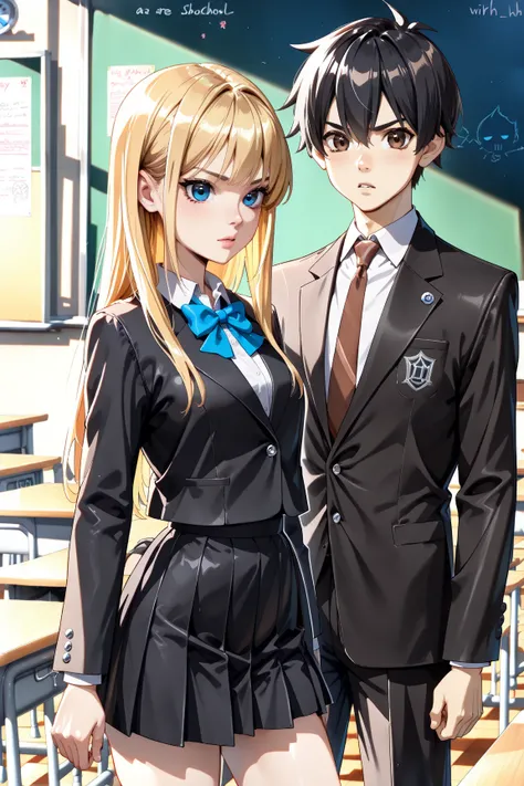 (((schoolboy and schoolgirl couple. They are stand formal pose in a Classroom looking straight ahead to the teacher))). A (((schoolboy, black hair, brown eyes, Black high school suit))) is with a (((schoolgirl, blonde hair, blue eyes, high school outfit wi...