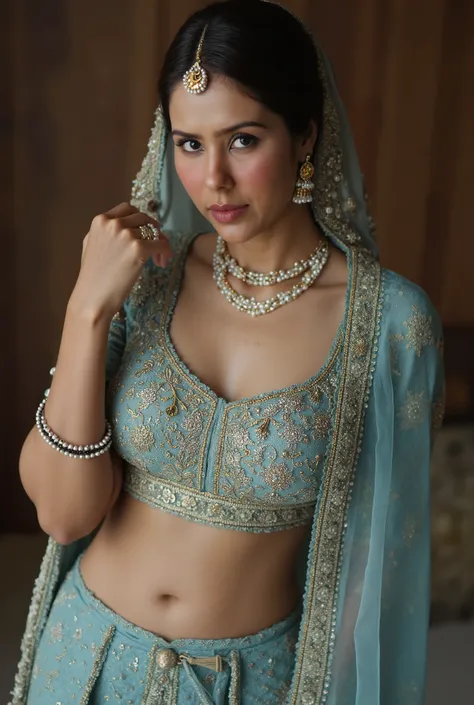 (masterpiece, best quality:1.2), She is draped in a low waist peacock blue lehenga with delicate gold embroidery, giving her an ethereal, moonlit glow. Her champagne sheer veil barely grazes her bare stomach, fully exposing her deep navel and slim waistlin...