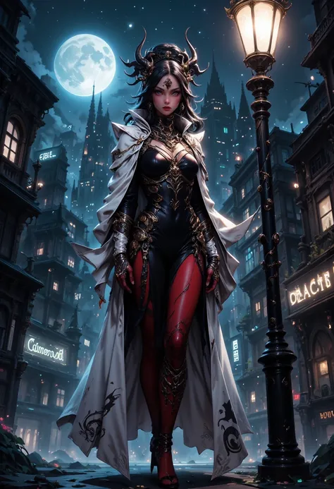 masterpiece, absurdres, incredibly absurdres, best quality, comic art, fantasy art, a portrait of a mysterious demoness standing under the streetlamp lit by soft starlight, in the big city, a beautiful demoness, elegant demoness, red skin, serpentine black...