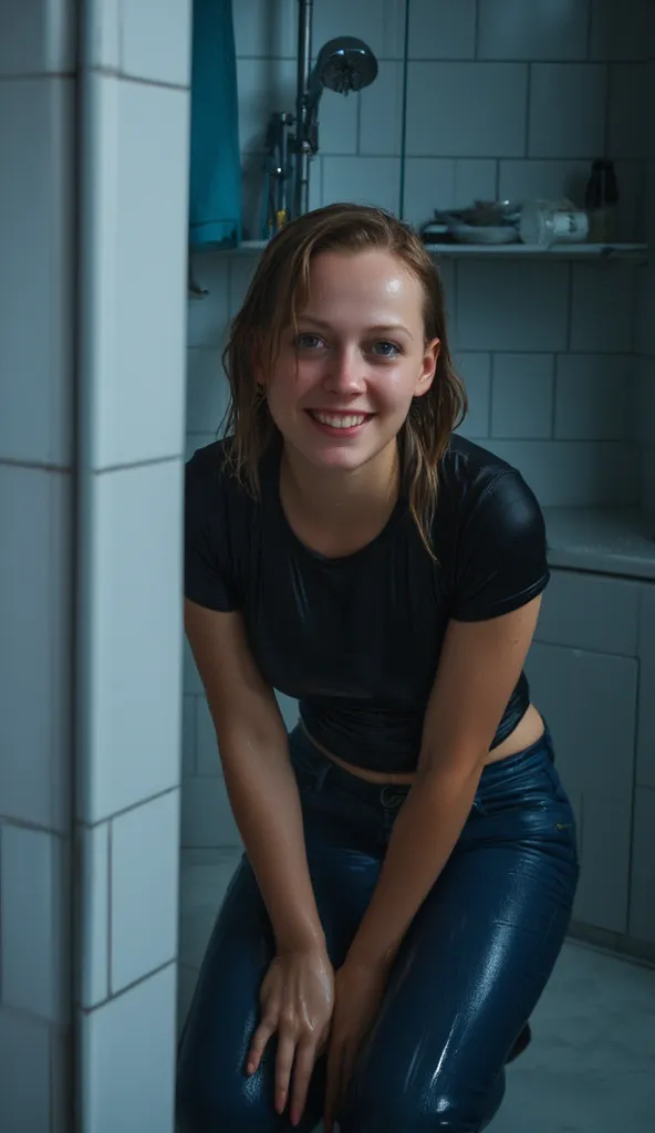 young girl, exhausted from lust,  loses control ,  wet jeans , t-shirt, in the bathroom, desperate взгляд, отчаянно exhausted from lust желания, realistic, фотоrealistic, worn out facial expression, kneeling,  wet skin, naturalistic textures, soft lighting...