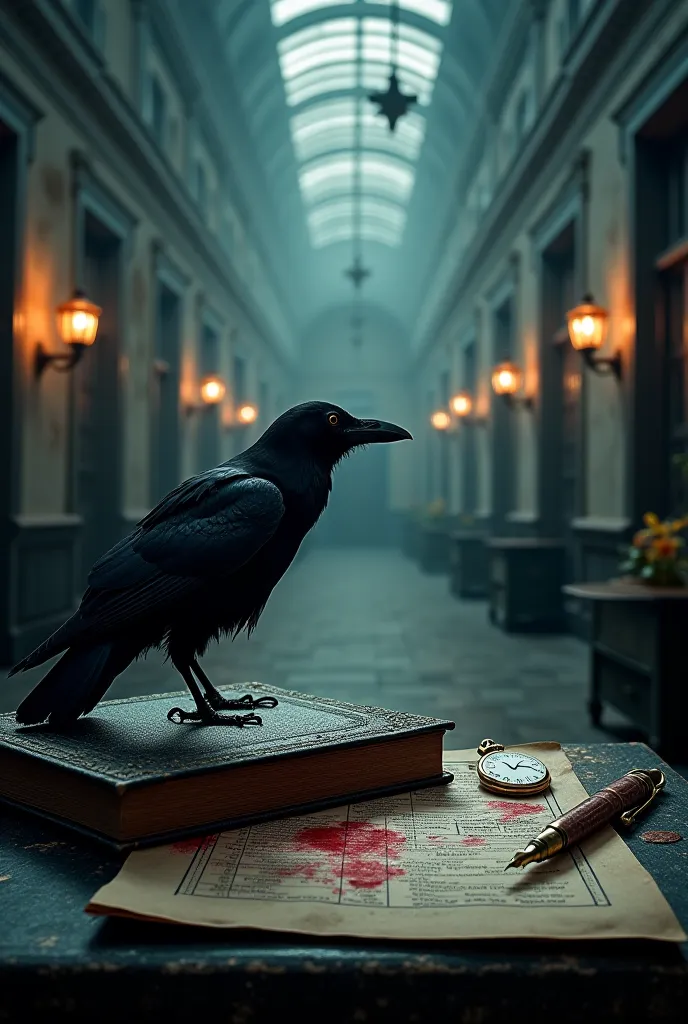 "A dark and atmospheric cover for a 2025 agenda. The design blends the eerie, gothic world of Edgar Allan Poe with elements of the nursing profession. The background features a foggy Victorian-era hospital with dim candlelit hallways. A raven perches on an...