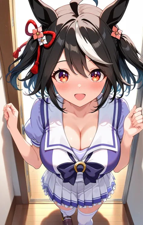 1girl,
Kitasan Black, \(umamusume\),nsfw, indoors, blush,large breasts,((masterpiece)), (best quality), 4k,(absurdres), (ultra detailed), (very aesthetic)```
,smooth skin,tracen school uniform, summer uniform, serafuku, puffy short sleeves, purple bowtie, ...