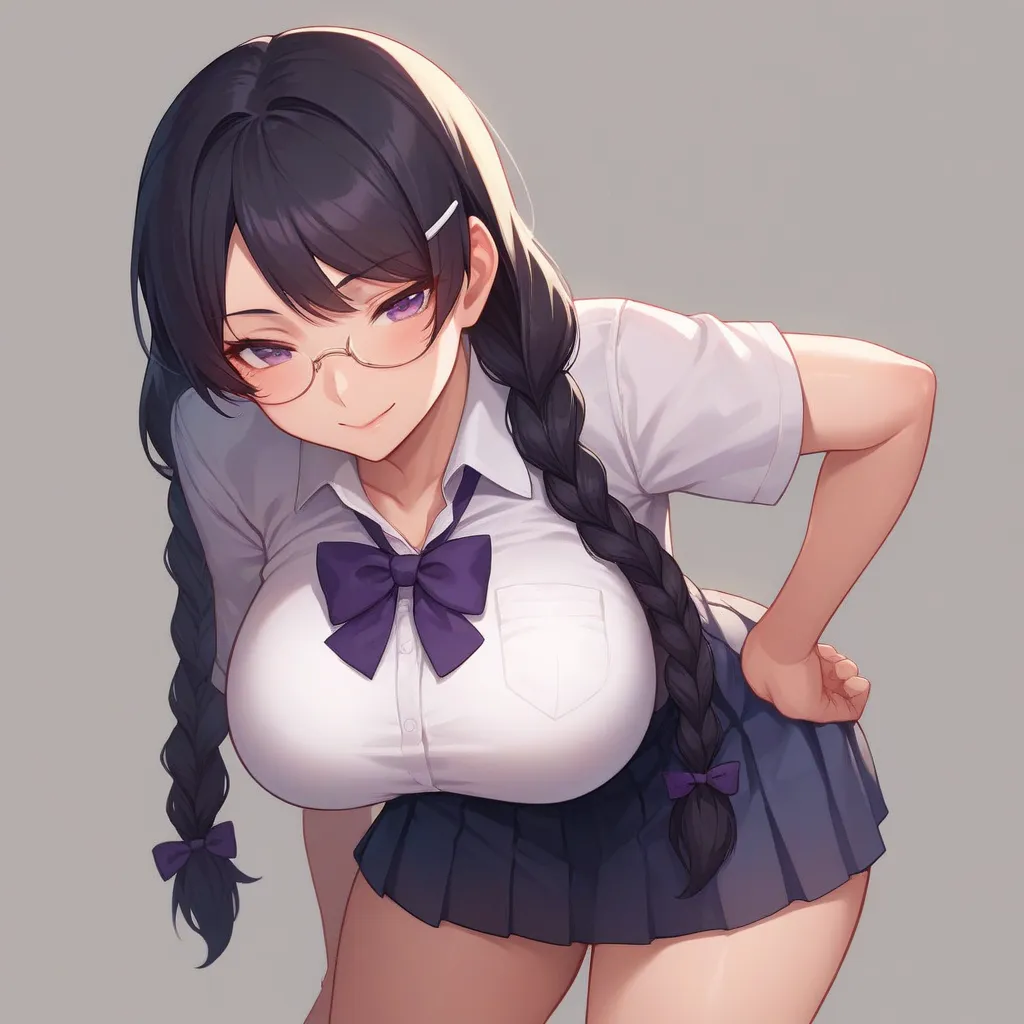    score_9,    score_8_  up ,    score_7_  up ,    source_anime, high quality, super resolution, beautiful face, school uniform, hanekawa tsubasa, monogatari, black hair, purple eyes, glasses, braid pigtails, blushing, eyes narrowed, big breasts, narrowed ...