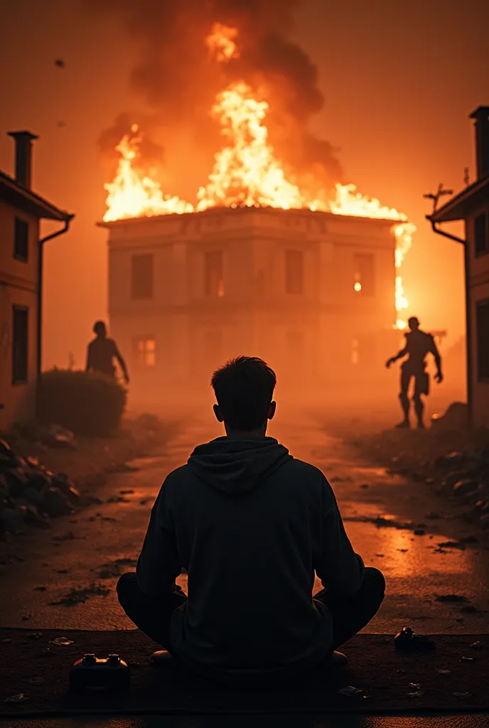 A  at home playing PlayStation but behind him the house is on fire The whole world is burning Aliens have invaded the world Robots have also printed Zombies and the world has been destroyed but the  is playing PlayStation