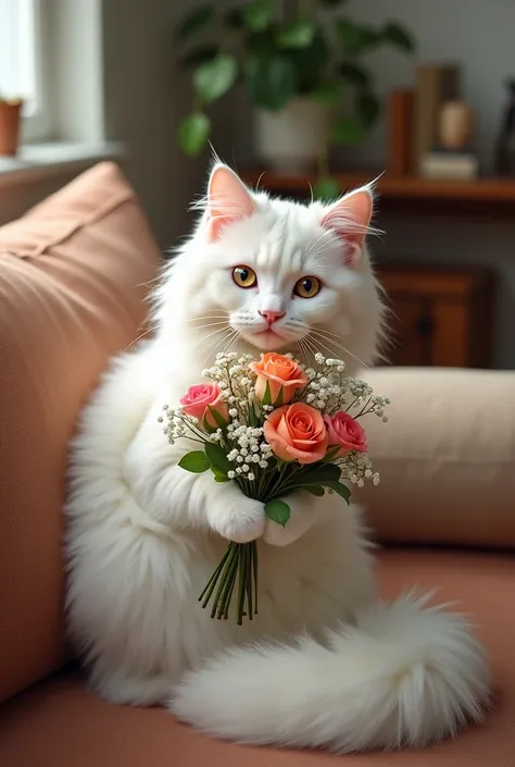 a white Turkish Angora cat sits on the sofa and holds a bouquet of flowers in its paws