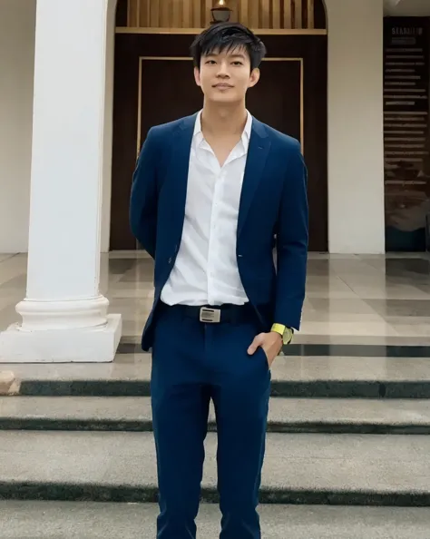 A stylish young Thai man, wearing a well-tailored navy blue slim-fit suit, crisp white shirt, and brown leather oxford shoes. He has a refined, confident posture, standing at about 170 cm tall. His face is symmetrical with sharp jawline, warm brown eyes, a...