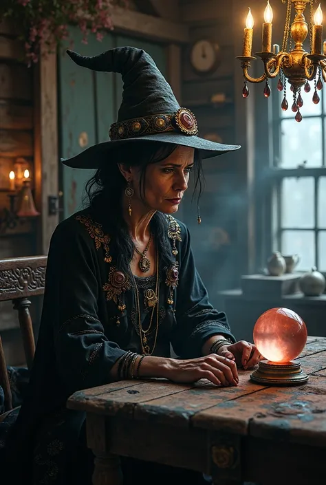 The image of an esoteric Cabin Characters from a Steampunk Carriage,,A Gypsy woman traveling in a deserted carriage, 50-year-old Indian woman, Gypsy clothing in dark tones, dark mystical symbols, sitting at her table with a large crystal ball, Black clothe...