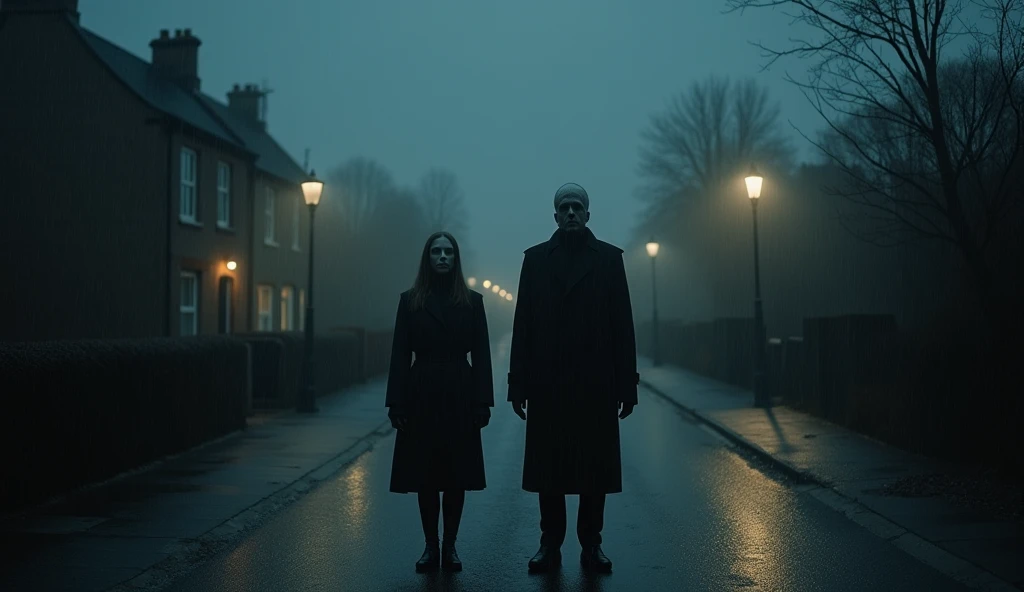 Realistic image of a strange neighbor couple looking straight ahead standing in the middle of the street in an English village cold rainy night of deathly darkness of night and the macabre liquid darkness