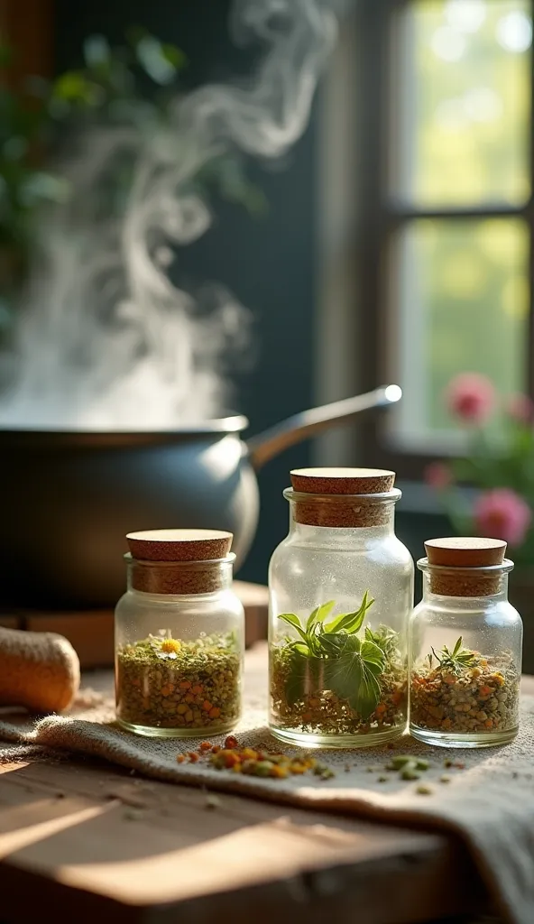 realistic image that refers to baths, holistic therapies, lightness, Delicacy, That there are enough herbs, on wooden table, And next to boiling water with smoke. 