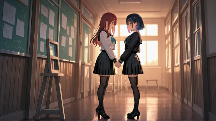 sfw, black stocking, high hells, yuri, lewd, classroom, school uniform, 8K, masterpiece, ultra-detailed, romantic atmosphere