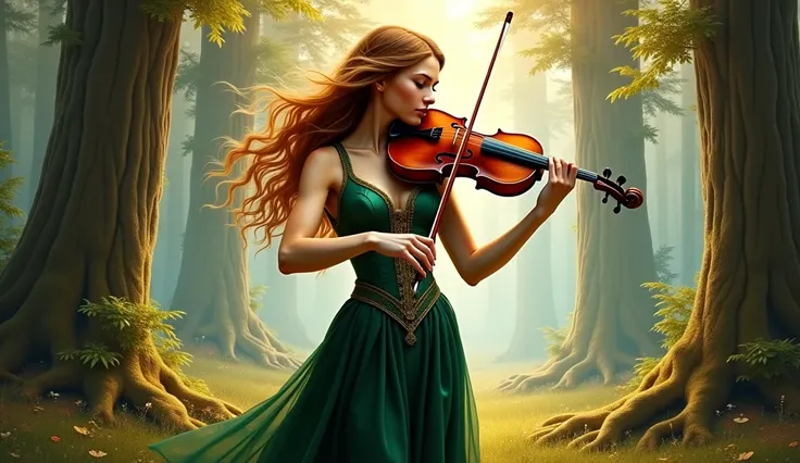 beautiful Celtic woman with big breasts and perfect body,  playing a violin, hyperrealistic portrait,detailed face,slender figure, elegant stance ,serene expression,captivating eyes,wavy hair, radiant skin ,mystical forest background,warm light,mystical at...