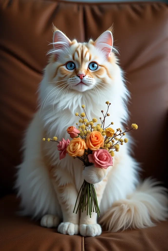 a white and beige Turkish Angora cat with blue eyes sits on a dark brown sofa and holds a bouquet of flowers in its paws