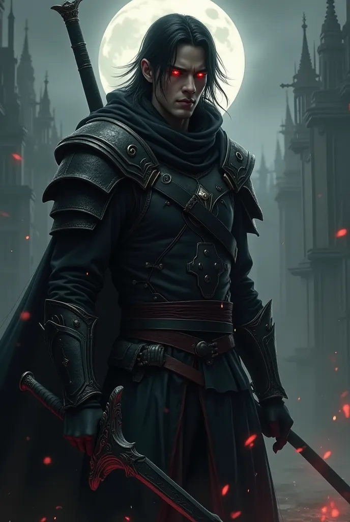 Following the prompt, do: A 26-year-old warrior with fair skin and dark hair brushed back, but with some wicks falling over your eyes. His bright red eyes exude a dark and intimidating aura, that seems to weaken the will of those who face them. He wears a ...