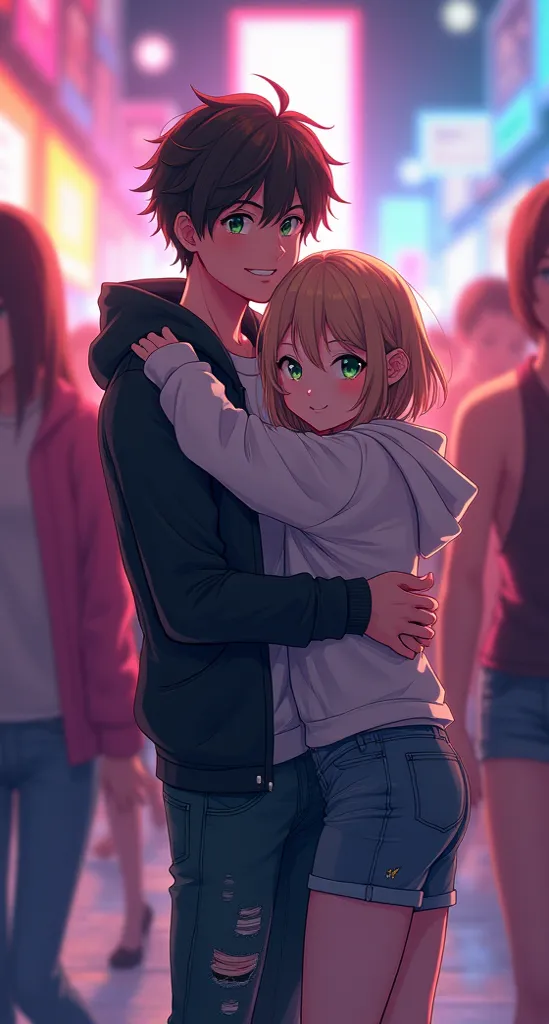 An anime-style illustration featuring a confident young man with green eyes in the center, embracing a tomboyish girl, surrounded only by female characters representing his 100 girlfriends. The tomboy has short, messy hair, a playful smirk, and wears a spo...