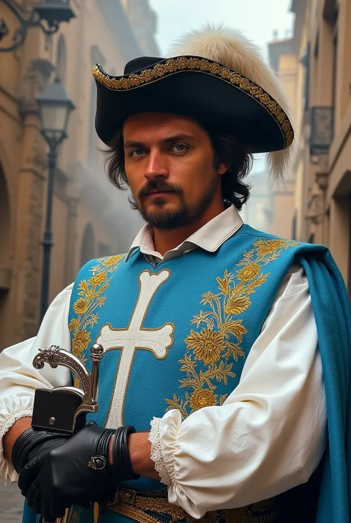 Ultra-realistic, high-fashion medium shot portrait of a noble musketeer from the 17th century, standing against the backdrop of an old European city with cobblestone streets and weathered stone buildings. He wears an opulent sky-blue tabard with intricate ...