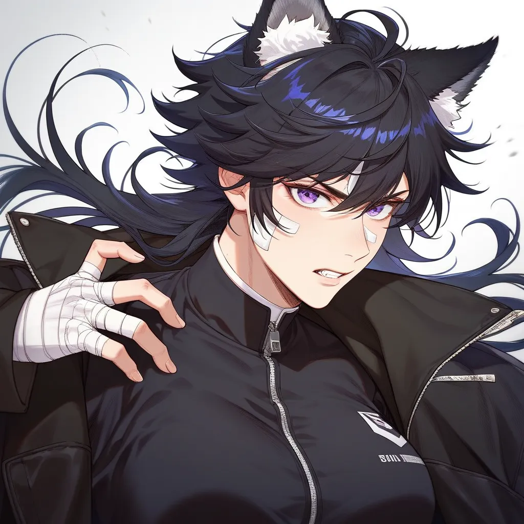 1girl, tomboys, badass, beautiful, black hair, messy hair, long hair, bangs, purple eyes, wolf ears, white skin, bit muscular, big breast, black outfit, bandage on her hand, manhwa